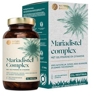 Nature BasicsÂ® Mariadistel Capsules hooggedoseerd gecertificeerd & duurzaam in een potje | 180 capsules met 80% silymarine & 2,5% cynarine | 250mg per dagelijkse dosis | in het laboratorium getest, zonder toevoegingen & CO2 neutraal