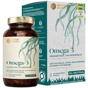 Nature BasicsÂ® Algenolie Omega 3 veganistisch | 120(!) capsules hoog gedoseerd in een potje | puur onbewerkt gecertificeerd duurzaam & CO2 neutraal | Per capsule natuurlijk 455mg met 30% DHA & 15% EPA