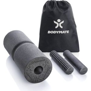 BODYMATE Care with Core Fascia-set bestaande uit fasciarol CARE 35 x 14 cm medium hard met groef rondom, twee kleine rollen met glad en genopt oppervlak 20 x 4,5 cm zwart met e-book