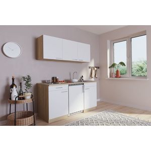 Goedkope keuken 150  cm - complete kleine keuken met apparatuur Luis - Eiken/Wit - elektrische kookplaat  - koelkast  - mini keuken - compacte keuken - keukenblok met apparatuur