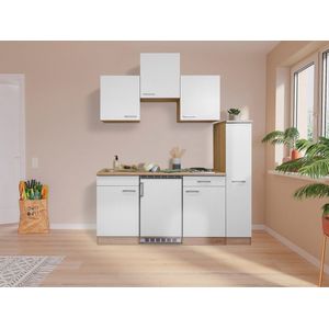 Goedkope keuken 180  cm - complete kleine keuken met apparatuur Luis - Eiken/Wit - elektrische kookplaat  - koelkast  - mini keuken - compacte keuken - keukenblok met apparatuur