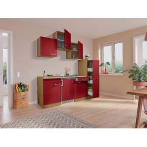 Goedkope keuken 180  cm - complete kleine keuken met apparatuur Luis - Eiken/Rood - elektrische kookplaat  - koelkast  - mini keuken - compacte keuken - keukenblok met apparatuur