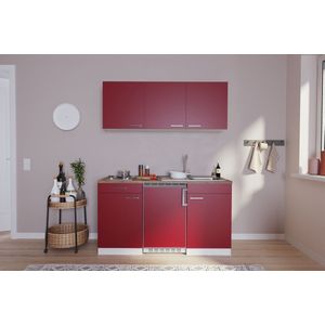 Goedkope keuken 150  cm - complete kleine keuken met apparatuur Luis - Wit/Rood - elektrische kookplaat  - koelkast  - mini keuken - compacte keuken - keukenblok met apparatuur