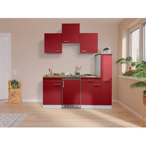 Goedkope keuken 180  cm - complete kleine keuken met apparatuur Luis - Wit/Rood - elektrische kookplaat  - koelkast  - mini keuken - compacte keuken - keukenblok met apparatuur