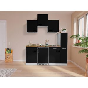 Goedkope keuken 180  cm - complete kleine keuken met apparatuur Luis - Wit/Zwart - elektrische kookplaat  - koelkast  - mini keuken - compacte keuken - keukenblok met apparatuur