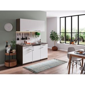 Goedkope keuken 150  cm - complete kleine keuken met apparatuur Oliver - Donker eiken/Wit - elektrische kookplaat  - koelkast  - mini keuken - compacte keuken - keukenblok met apparatuur