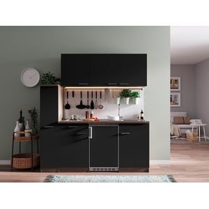 Goedkope keuken 180  cm - complete kleine keuken met apparatuur Oliver - Donker eiken/Zwart - elektrische kookplaat  - koelkast  - mini keuken - compacte keuken - keukenblok met apparatuur