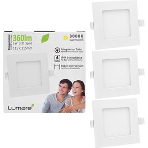 Lumare LED Inbouwspot 6W | 360lm | Extra plat, 26mm Inbouwdiepte | Ø100mm Diameter Boorgat | Spot Woonkamer, Badkamer | Armatuur Wit Vierkant | 230V | IP44 | Warm Wit 3000K | Set van 3 [Energieklasse F].