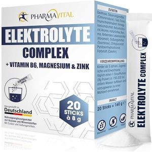 PharmaVital Elektrolyte Complex met vitaminen ondersteunt de waterbalans, het zenuwstelsel, met vitamine B6 kaliumchloride magnesium zink natrium, 20 poeder sticks elk 8g op te lossen in water
