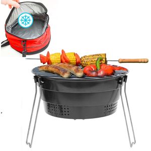 Opvouwbare BBQ Grill met Koeltas - Ø 28 cm Houtskoolgrill Opvouwbaar met Poten - Grill voor Onder...