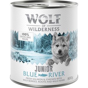 12x800g Little Blue River Junior Kip & Zalm Wolf of Wilderness Hondenvoer