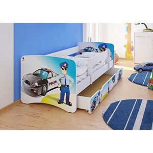 BEST FOR KIDS KINDERBED MET RUISVAL BESCHERMING MET LADE EN MET 10 CM MATRAS TÜV GECERTIFICEERD SUPER KEUZE 3 MATEN VEEL DESIGNS (80x160, politie)