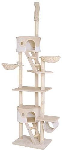 lionto XXL krabpaal voor katten met sisal & pluche, hoogte 230-250 cm, kattenboom met pluchen ballen incl. belletjes & hangmatten, tunnels & grotten, geschikt voor kleine & grote katten, beige/wit