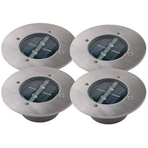 Set van 4 moderne led-vloerspots, op zonne-energie, rond, in roestvrij staal/glas, voor buiten