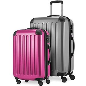 HAUPTSTADTKOFFER - Alex - 2-delige kofferset harde schaal glanzend, middelgrote koffer 65 cm + handbagage 55 cm, 74 + 42 liter, TSA, zilver-magenta, 65 cm, Kofferset