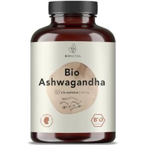 BIONUTRA® Ashwagandha Bio Capsules hooggedoseerd – 1950 mg/dag – 270 capsules x 650 mg – Ashwagandha supplement biologisch – Vegan – Zonder additieven, lactose of gluten – Made in Germany