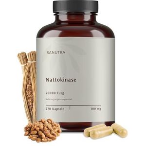SANUTRA® Nattokinase Capsules – 20.000 FU/g, 2.000 FU per dag, vitamine K1 & K2 verwijderd, sojavrij, vegan, zonder additieven, residugecontroleerd, Duitse productie, 270 x 100 mg