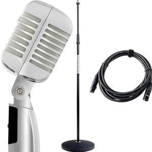 Pronomic DM-66S Dynamische microfoon Set vintage zangmicrofoon retro mic - Voordelige set inclusief microfoonstatief en XLR-kabel - Zilver/wit