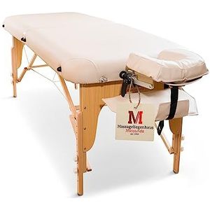 MASSUNDA – Mobiel Comfort Deluxe inklapbare en in hoogte verstelbare massagetafel – EXTRA brede massagetafel van massief hout – Massagetafel met ergonomische hoofdsteun, bekleding, armleuning Crème
