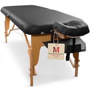 MASSUNDA – Mobiel Comfort Deluxe inklapbare en in hoogte verstelbare massagetafel – EXTRA brede massagetafel van massief hout – Massagetafel met ergonomische hoofdsteun, bekleding, armleuning Zwart