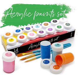 Int!rend Acrylverf Set met borstels - 14 x 18ml Acrylverf - Waterdichte Acrylverf Set voor het schilderen Canvas, Hout, Klei & Stenen - Acrylverf