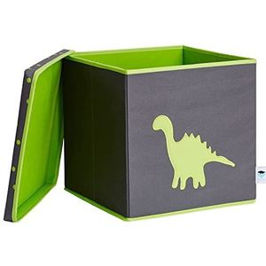 Love it Store it Opbergdoos met deksel - Stoffen doos voor op een plank - Vierkant en extra stevig - Grijs met groene dino - 33x33x33 cm