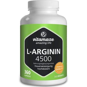 L-Arginine - 4500 mg - Supplement - 360 Capsules - Hoge Dosis - Made in Duitsland
