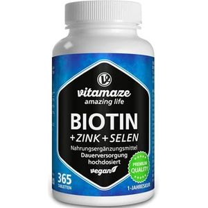 Biotine 10.000 mcg Hoge Dosering + Selenium + Zink voor Haargroei, Huid & Nagels, 365 Veganistische Tabletten voor 1 Jaar, Made in Germany, Natuurlijke Voedingssupplement zonder Additieven