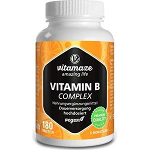 Vitamine B Complex Hoge Dosis Veganistisch, 180 Tabletten 6 Maanden Voorraad, Alle Vitaminen van Groep B B1, B2, B3, B5, B6, B7, B9, B12, Voedingssupplement zonder Additieven, Made in Germany