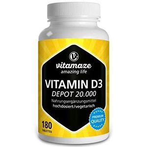 Vitamine D3 hooggedoseerd 20000 IE per Tablet (Dosis voor 20 Dagen), 180 vegetarische Tabletten (deelbaar), Natuurlijk Voedingssupplement zonder Toevoegingen, Made in Germany