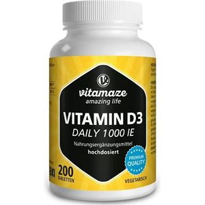 Vitamine D3 1000 IE hooggedoseerd & vegetarisch, 200 Tabletten voor permanente Voorziening, 25 mcg zuiver Cholecalciferol, Natuurlijk Voedingssupplement zonder Toevoegingen, Made in Germany