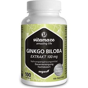 Ginkgo Biloba Capsules Veganistisch, 50:1 verhouding: 100 mg Extract = 5000 mg Gingko Pure Bladpoeder,100 Capsules, 100 Dagen Voorraad, Hoge Dosering, Supplement zonder Additieven, Made in Germany