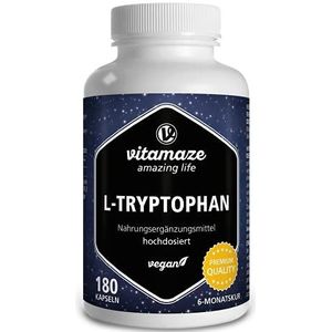 L-Tryptofaan 500 mg Capsules, Veganistisch, Zuiver, Essentieel En Natuurlijk Gefermenteerd Aminozuur, Hoge Dosering, 180 Capsules, 6-Maand Voorraad, Supplement zonder Additieven, Made in Germany