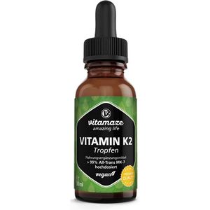Vitamine K2 Druppels hoge Dosis & veganistisch, 200 mcg Vitamine K2 vloeistof per dagelijkse Dosis, 50 ml (1700 Druppels), MK-7 Menaquinone (> 99% All-Trans-Vorm), Made in Germany