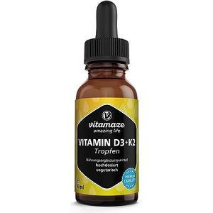 Vitamine D3 + K2 Druppels hoge Dosis & vegetarisch, 50 ml (1700 Druppels), 1000 IE Vitamine D3 + K2, vloeistof, meer dan 99,7% all-trans MK-7, Voedingssupplement zonder Additieven, Made in Germany