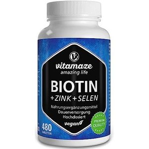 Biotine hooggedoseerd 10.000 mcg + selenium + zink voor haargroei, huid & nagels, 480 veganistische tabletten voor 480 dagen, voedingssupplement zonder toevoegingen, Made in Germany