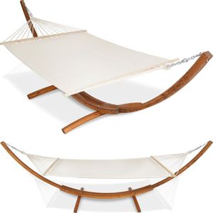 tectake®- XXL tweepersoons hangmat met houten standaard - massief hout, katoen en roestvrij staal - draagvermogen 200 kg - gebruik vrijstaand binnen en buiten - voor tuin, terras of terras