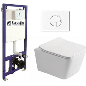 WC complete set spoelrandloze zitting Soft Close voorwandelement inbouw spoelbak voorwandspoelbak keramische inbouwspoelbak muur toilet set kom wit/zwart + drukplaat (SD 1, wit vierkant)