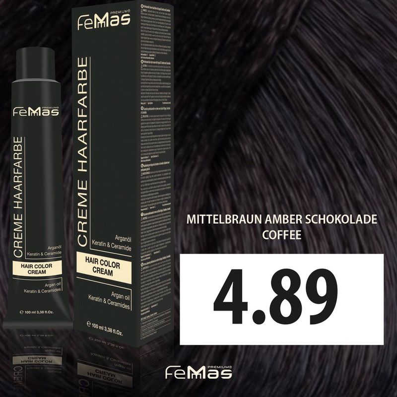FemMas Haarverf, middelbruin, amber chocolade 4.89, professionele crème haarkleur in bruin met verzorgende arganolie, keratine en ceramiden, als permanente haarkleuring of tint, 100 ml