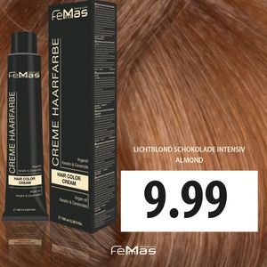 FemMas Haarverf, lichtblond, intens 9,99, professionele crème haarkleur in blond met verzorgende arganolie, keratine en ceramiden, als permanente haarkleuring of tint, 100 ml