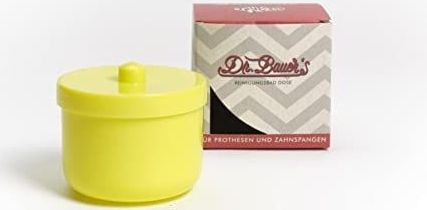 Dr. Bauer's reinigingsbad-doos met helder spoelinzetstuk | prothesendoos | gebitsdoos | prothesendoos met inzetstuk | beugeldoos (geel)