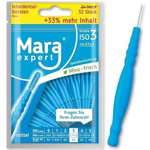 Mara Interdentale borstels, blauw, 1,1-1,2 mm, basic, ISO 3 medium, 33% meer inhoud, interdentale borstels, blauw, voordeelverpakking, ideale tussenruimteborstel, met muntsmaak, 32 stuks (blauw, 3)