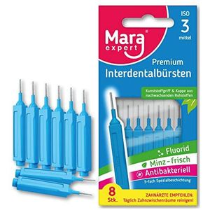 Interdentale borstel, blauw, Mara Expert, 0,6 mm, ISO 3 medium, 8 interdentale borstels, bio-kunststof, borstels voor interdentale ruimtes, met muntsmaak - chloorhexidine - fluoride