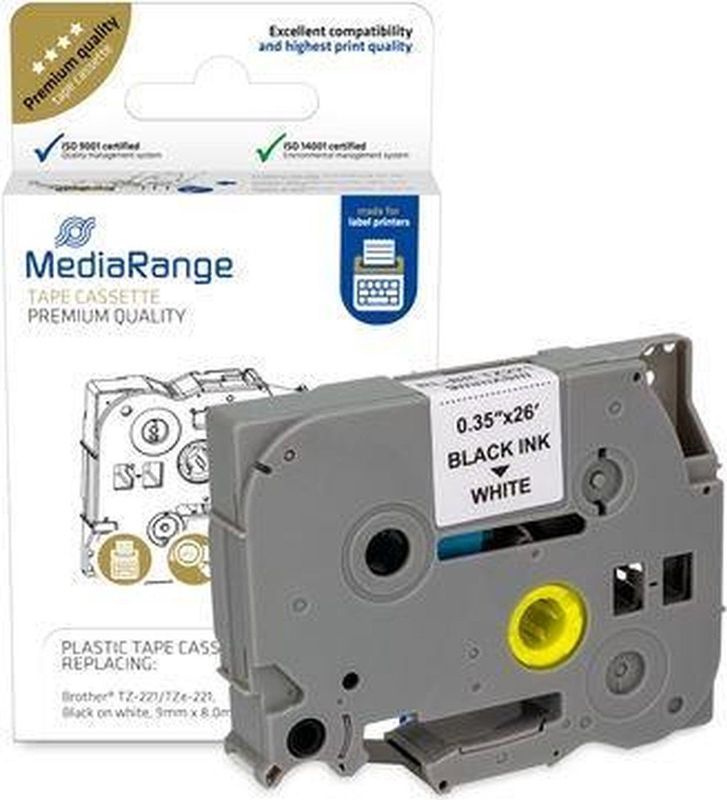 MediaRange - Schriftbandcassette - Zwart op Wit - 9mm - 8m