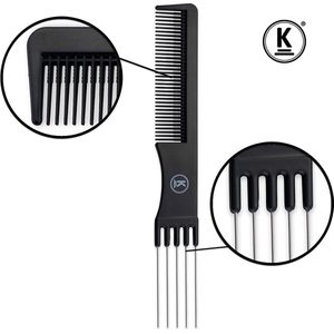 K-Pro Toupeerkam, zwarte kapperskam met metalen vork en fijne tanden