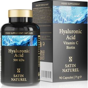 Satin Naturel Hyaluronzuur capsules - 90 supplementen met vitamine C, biotine en spirulina voor stralende en hydraterende huid en haar, Vegan Hyaluronic Acid voedingssupplementen met hoge dosering (500kDa en 563 mg hyaluronzuur), 3 maanden voorraad