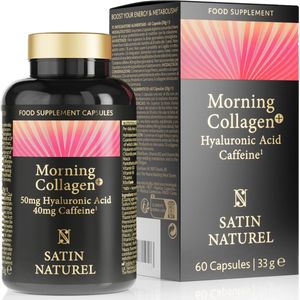 Satin Naturel Morning Collagen met Hyaluronzuur en Collageen - 60 supplementen met hoge dosering aan Vitamine B complex, Caffeine en Chlorella, Voedingssupplementen als alternatief voor Caffeine pillen, capsules voor 1 maand voorraad