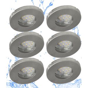 Trango Set van 6 IP65 inbouwspots 6729IP65-069MO in geborsteld aluminium incl. 6x 5 Watt 3000K warm wit Ultra Flat LED Module voor Badkamer, Douche, Plafondspots, Plafondlamp, Badkamerlamp