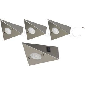 Trango Set van 4 Keukenverlichting 6739-42 incl. 4x 4,8 Watt LED module 3000K warm wit AAN/UIT schakelaar *COOK* RVS inbouwarmatuur, inbouwspot, driehoekige lamp, kastverlichting, keukenlamp