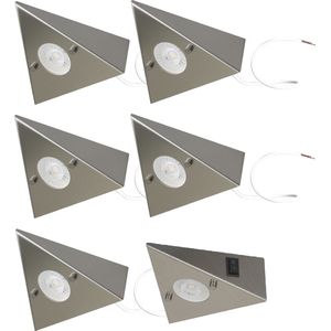 Trango Set van 6 Keukeninbouwarmatuur 6739-62 incl. 6x 4,8 Watt LED Module 3000K warm wit *COOK* Inbouwarmatuur - Inbouwspot van roestvrij staal - Schakelaar - Driehoekslamp - Kastverlichting - Keukenlamp